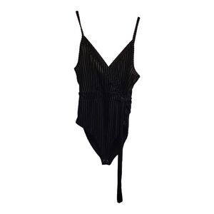 NWT Forever 21 Black Ribbed One Piece Belted Swimsuit w/ Plunging V-Neck- Size S